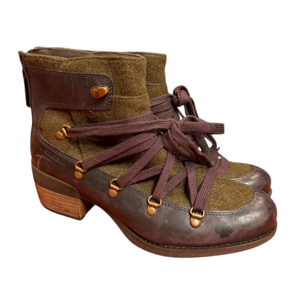 MERRELL Women's Brown Leather Wool Ankle Boots Sz 7.5 Steampunk Shiloh II